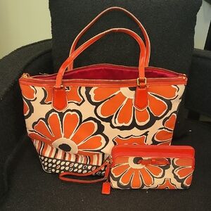Floral Red Coach Tote Bag and Wallet Set